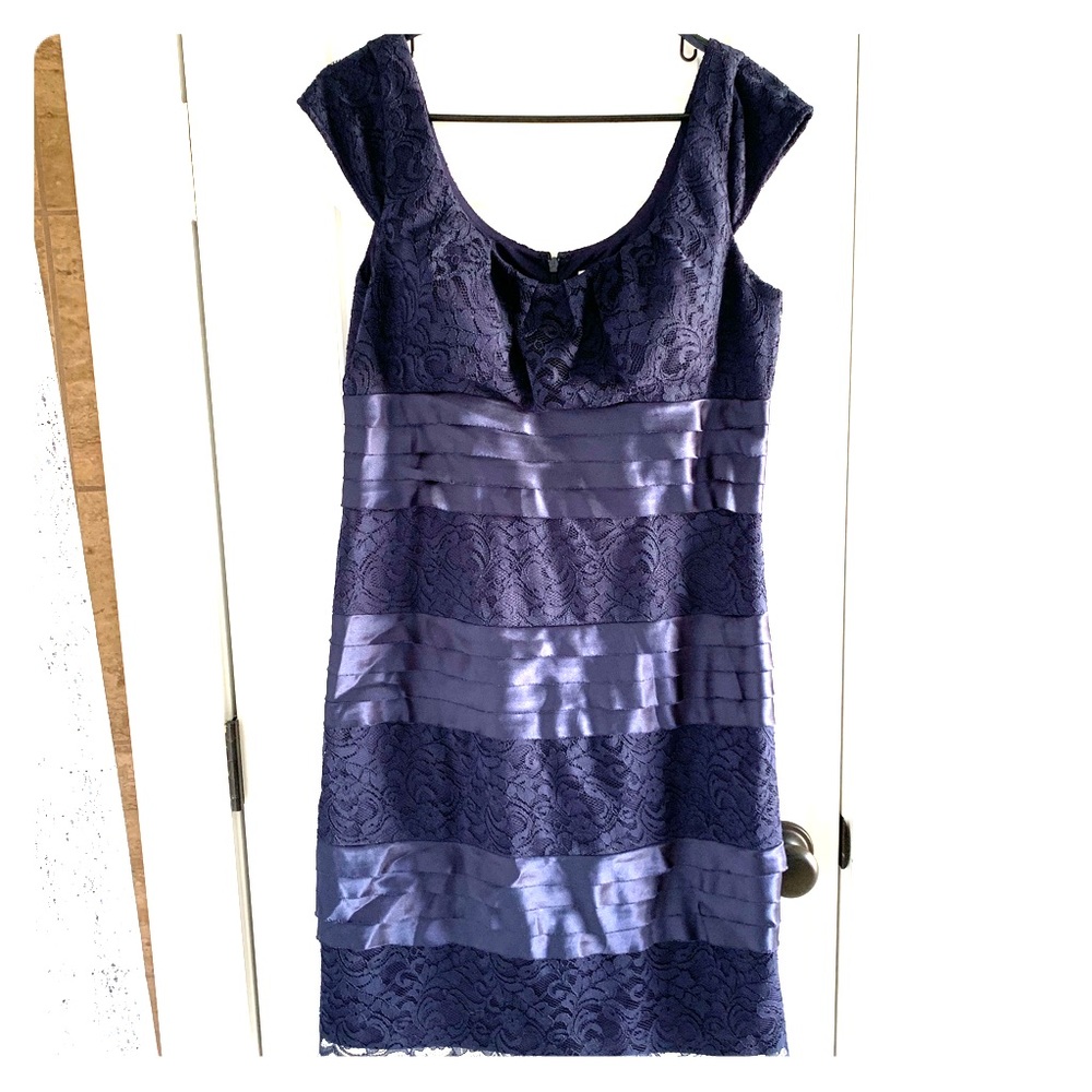Navy satin + lace cocktail dress